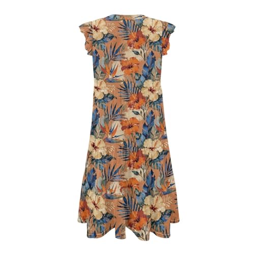 Image of Womens Summer Dress Ruffle Sleeve V Neck Dress Casual Fit Flowy Beach Vacation Sundress with Pocket S-2XL