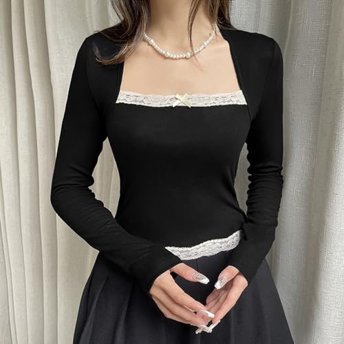 Image of Fairy Grunge Shirts for Women Y2K Tops Long Sleeve Lace Patchwork Tees Teen Girls Vintage Slim Blouse Fall Clothes