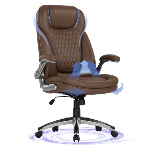 Image of COLAMY Executive Office Chair-Ergonomic Computer Desk Chair, High Back Leather Chair with Padded Flip-up Arms, Swivel Home Office Chair Upgraded Caster, Brown