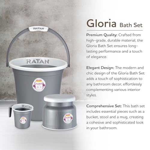 Image of RATAN PLASTICWARE Plastic Bathroom Set of 5 Pieces Combo Pack Gloria Plain, NIR Silver, 18 Liters & 20 Liters Bucket + Nova Stool Patla 107 + Two Gloria Plain Bath Mug 1 Liter