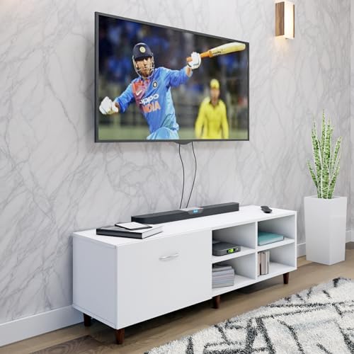 Image of VIKI Modern TV Unit for Living Room | Engineered Wood TV Cabinet with 1 Drawer Storage & 2 Open Shelves, Set Top Box Stand, Entertainment Unit, 140W x 48H x 40D cm | DIY | 1 Year Warranty (White)
