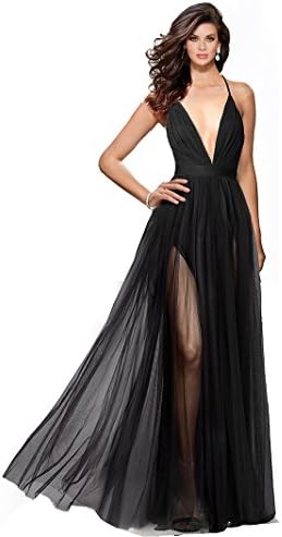 Alluring deep v-Neckline Spaghetti Straps Criss-Cross Open Back Tulle Dual Front Slits Evening Prom Formal Dress (Black, 6)