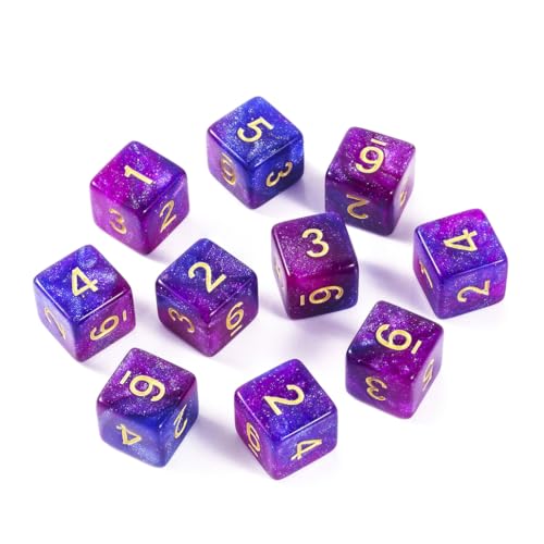 Yourandoll 10 STÜCKE Polyedrische Würfel D6 (1-6) Dice Würfel Acryl Dice Spielwürfel for RPG MTG DND Würfel Tischspiele (Sternenhimmel Lila Blau)