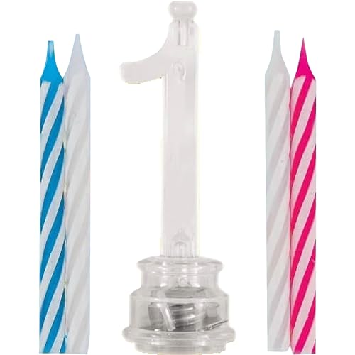 Blue Plastic Number 1 Flashing Candle Holder With Birthday Candle Set - 1 Set - Elegant, Eye-catching & Durable - Perfect Cake Topper For Birthday Celebrations