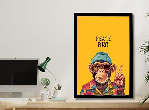 Image of MIRA MEST Peace Bro Wall Decor Frame, Chimp with Sunglasses Yellow Background, Ready to Hang Art Poster for Home, Office, Bedroom (Peace Bro Monkey)