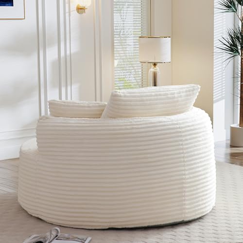 Image of Antetek 53.5-inch Round Chair, Modern Accent Corduroy Comfy Deep Seat Boneless Foam Floor Single Circle Chaise Sofa Chair with 3 Pillows for Living Room Bedroom Office, No Assembly Required, Beige