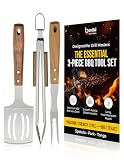 Professional Acacia Wood BBQ Tool Set (3 PCS) - Heavy Duty Stainless Steel Grill Accessories Kit with Spatula, Fork & Tongs - Durable Barbecue Utensils for Outdoor Cooking & Grilling
