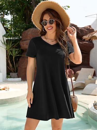 Image of KORSIS Dresses for Women Casual T-Shirt Summer Short Sleeve Loose Comfy Dress Swing Flowy Beach Vacation Sundress with Pocket