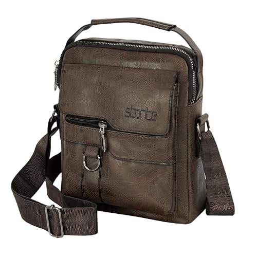 Image of Storite Textured PU Leather Sling Shoulder Bag for Men & Women | 4 Zip Pocket Crossbody Messenger Bag for Office & Travel | Dark Brown | 24.5 x 7 x 20.5cm