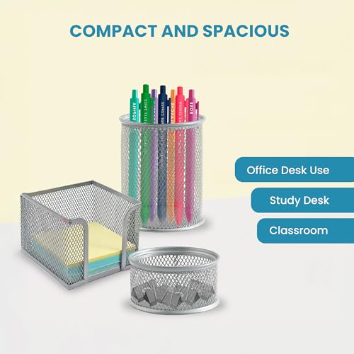 Image of The Better Home Set of 3 Desk Organizers | Metal Mesh Design | Pen Pencil Brush & Clip Holders | Multipurpose Office Supplies Organizer | Table Organizer for Desk | Silver