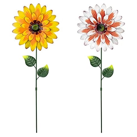 2Pcs Metal Flower Garden Stakes Decor, JC-Houser Shaking Head Outdoor Daisy Flowers Yard Art Lawn Decorations, Waterproof Sunflower Stick Décor for Outside Pathway Patio Ornaments Cover
