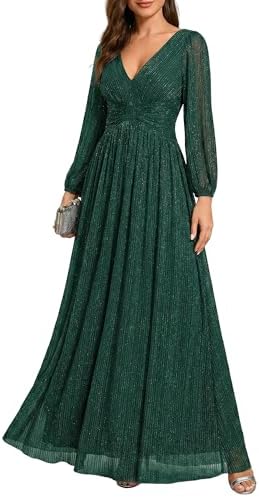 Ever-Pretty Women's A-Line Glitter Formal Dresses V-Neck Long Sle...