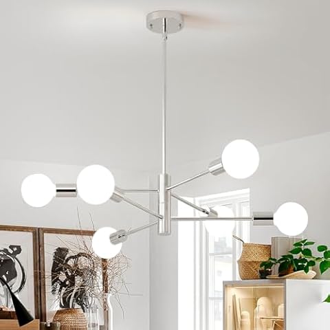 Mlihove Modern Sputnik Chandeliers Brushed Nickel 6-Lights Contemporary Pendant Lighting Height Adjustable Mid Century Ceiling Light Fixture for Living Rooms Bedroom Kitchen Dining Room Foyer Cover