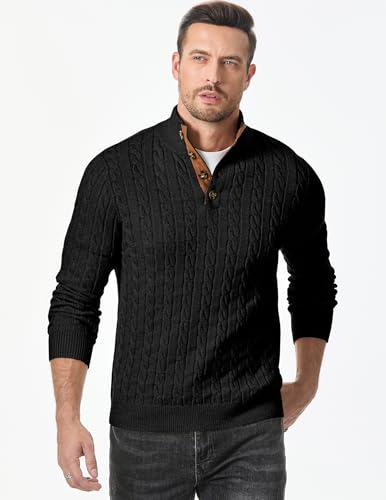 Image of JMIERR Men's Cable Knit Pullover Sweater Casual Long Sleeve Stand Collar Button Knitted Sweaters