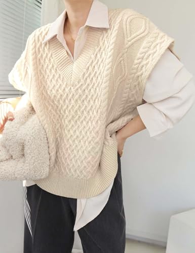 IDEALSANXUN Womens Oversized Sweater Vest Fall Winter Cap Sleeve V Neck Cable Knit Sleeveless Sweater2