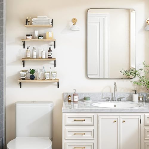 Qaxinmi Wandregal Holz und Metall, 4er-Set Schweberegale mit 3 Montagemöglichkeiten – Dekoregal zur Wandmontage für Wohnzimmer, Küche, Schlafzimmer, Badezimmer und Büro