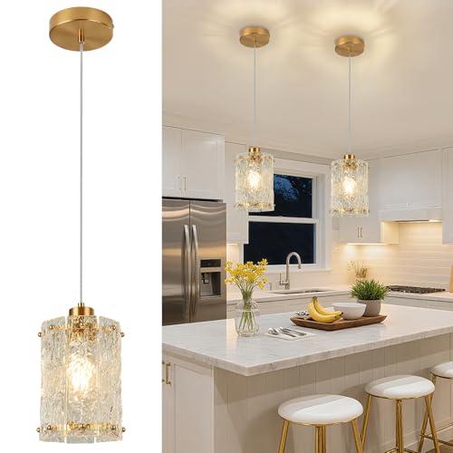 RQKUACOB Gold Pendant Lights Kitchen Island 1 Pack Modern Water Ripple Glass Pendant Lights Mini Chandelier Adjustable Hanging Pendant Lighting for Kitchen Island Dining Room Over Sink Table Entryway
