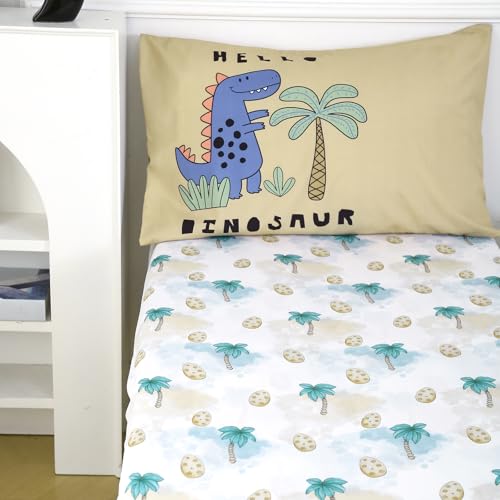 Image of 4 Piece Toddler Bedding Set - Ultra Soft Breathable Toddler Bedding Set for Boys, Includes Quilted Comforter, Flat Sheet, Fitted Sheet and Pillowcase(Dinosaur)