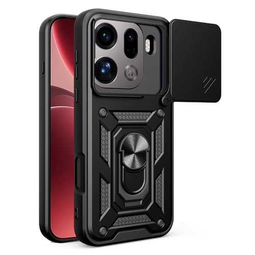 Image of Casodon Heavy Duty Back Case Cover for Oppo Find X9 Pro 5G, Shockproof Oppo Find X9 Pro Back Cover, Ring Case with Kickstand and Camera Protection Shutter - Black