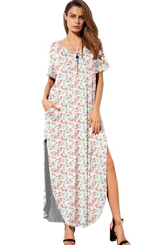 Image of GRECERELLE Women's Summer Maxi Dress Casual Loose V Neck Short Sleeve Side Split Long Dresses with Functional Pockets