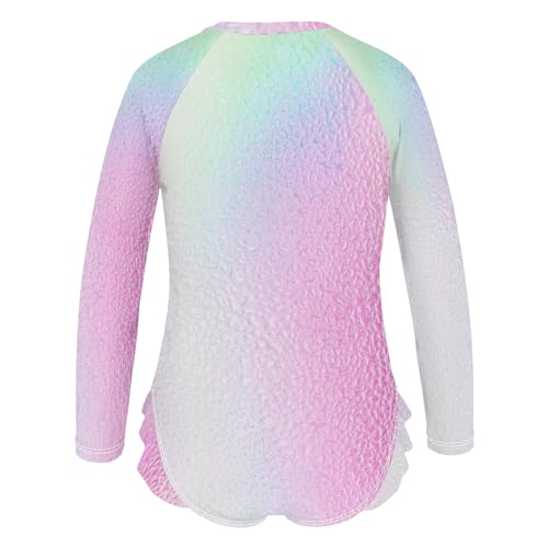 Holographic Gradient Rainbow Rashguard Girls Swimsuit One Piece Long Sleeve Ruffles Swimwear 3T3