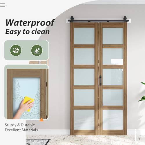 Image of FREDBECK 48X96(Double 24x96) Bifold Frosted Glass Barn Doors Brown