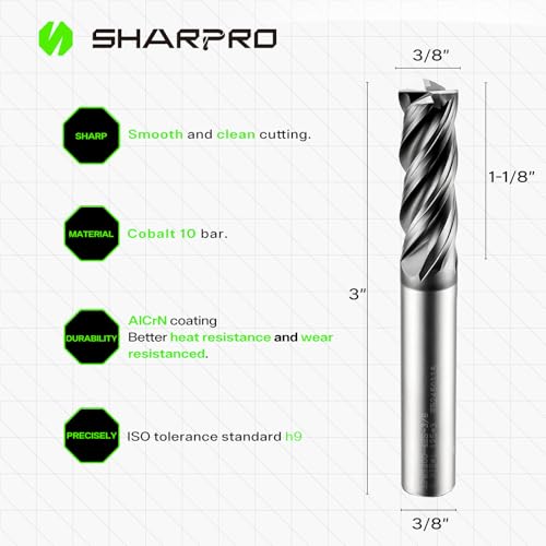 Image of SHAPPRO 3 /8 Inch Shank Carbide Square End Mill, 4 Flute CNC End Mills, Heat-Resistant Metal Endmill Suitable Alloy Steel, Stainless Steel, Various Cast Iron（5PCS）
