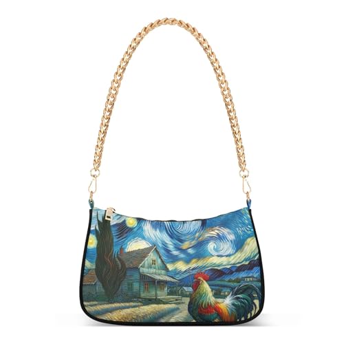 Farmhouse Rooster Starry Night One Shoulder Purses for Women Hobo Purse Clutch Designer Medium Handbag Tote Zipper Closure