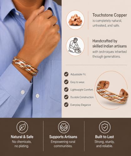 Image of Touchstone Copper Bracelet Tibetan Style. Hand Forged with Solid and high Gauge Sun Tortoise Braided Motifs Pure Copper. Set of 4 Different Designs in 3 Metals.