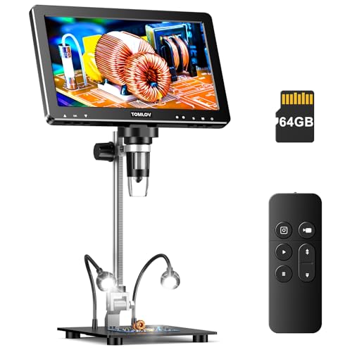 TOMLOV DM9 Max 10,1-Zoll Digitales Mikroskop, 20MP LCD Vergrößerung Microscope für Münzbeobachtung/PCB-Löten, mit HD IPS Bildschirm, 10 Einstellbare LED-Leuchten, PC/TV-Kompatibel, 64 GB