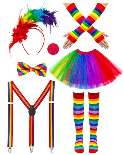Yezmo Costume de clown 7 pièces pour femme avec plumes, bandeau, gants, chaussettes, jupe tutu arc-en-ciel, dos en Y, bretelles réglables, nœud papillon et nez