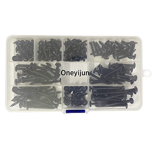 Oneyijun 180 pièce Autotaraudeuse Les vis à bois Ensemble M4 Acier Carbone Tête ronde Tête à bride Attaches Vis de perçage avec boîte Kits de vis à bois (8mm/10mm/12mm/16mm/20mm/25mm/30mm/35mm/40mm) Cover