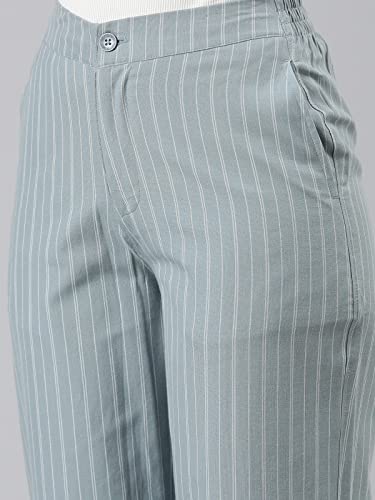 Image of GO COLORS Women Blue Stripe Cotton Wide Pants