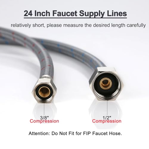 Faucet Supply Lines 3/8" Comp x 1/2" Comp Connector, ARCORA 24 Inch Length Bathroom Kitchen Faucet Hose Braided Nylon Water Supply Line 3/8 Inch x 1/2 Inch Compression Connection 2Pcs (1 Pair) by ARCORA - Used condition - Image 2