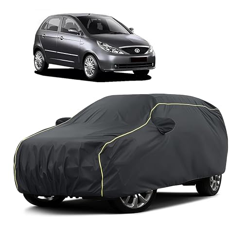 Image of Sulfar 100% Water Resistant Car Body Cover Compatible with Mirror for Tata Indica Vista (Triple Stitched, Full Bottom Elastic, Dark Grey Taffeta with Yellow Piping)