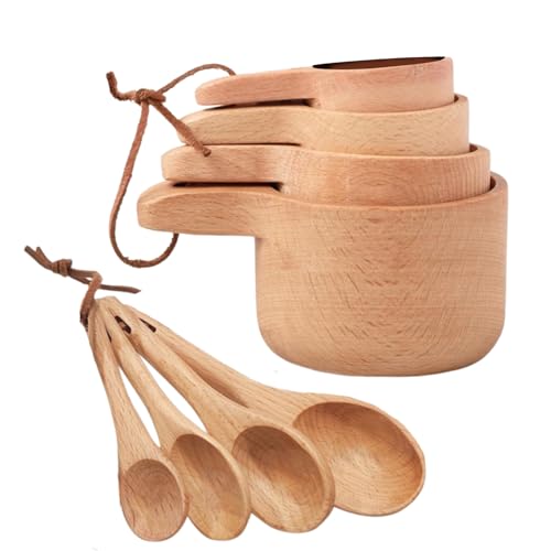 Wooden Measuring Cups and Spoons Set - Eco-Friendly Solid Acacia Wood, Laser Engraved Measurements, Perfect for Baking & Cooking - Ideal for Bakers, Chefs & Home Cooks (Almond white)