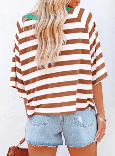 Dokotoo Tops for Women Striped 2025 Fashion T Shirts for Women Color Block Crewneck Design Loose Basic Tee