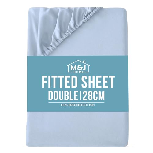 Image of M&J Home Double Bed Fitted Sheet Light Blue - 28cm Pocket Depth - 100% Brushed Cotton - 140g Fabric Weight - Thermal Comfort - Machine Washable - OEKO-TEX Certified