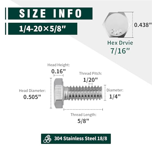 Image of (10 Sets) 1 /4-20 x 5 /8 inch Hex Bolt and Nut Kit, 304 Stainless Steel (18-8), Fully Threaded, Flat & Lock Washers Included