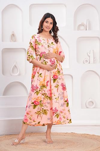 Image of Women's Feeding Kurta Cotton | Floral Anarkali Pregnancy Kurta with Nursing Zipper | Pre & Post Partum | Maternity Dresses | Mom to Be Gift