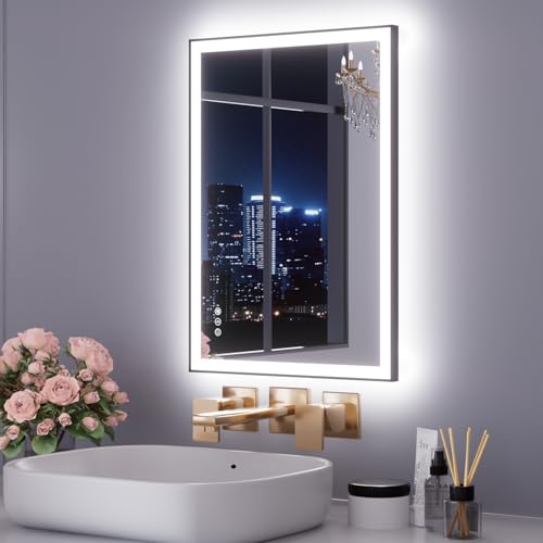 Image of WTTY 24 inchX32 inch LED Bathroom Mirror with Black Frame, Bathroom Vanity Mirror with Lights for Wall, Front Light and Backlit, Anti-Fog, Dimmable, 3 Colors, Shatterproof, Memory, Horizontal /Vertical
