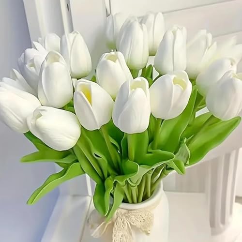 Image of 20Pcs Stems 13.5 Inch White PU Artificial Moisturizing Tulips, Faux White Tulips Flowers for Thanksgiving Christmas Decorations Wedding Home Table Vase Floral Arrangements