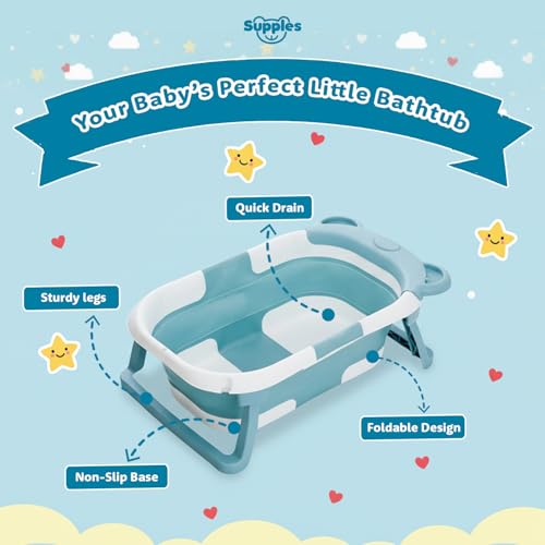 Image of Amazon Brand - Supples Baby Bath Tub for 0-3 Years | Double Foldable Bathtub for Baby & Kids with Soap Tray, Space Saving Design (White & Teal Blue)