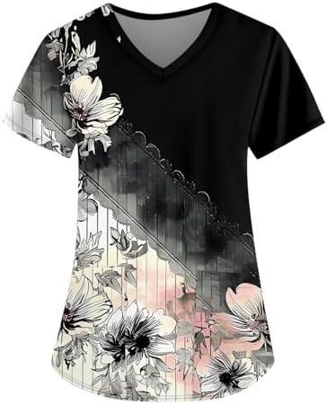 BDPORKAS Womens Summer Scrub Tops Oversized Casual Soft Print T-Shirt Pocket V Neck Comfy Short Sleeve Scrub Uniform Shirt