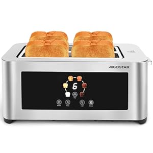 Aigostar Toaster 4 Scheiben, LED-Touchscreen, Toaster Langschlitz, 4 cm extra breite Toastschlitze & Brotzentrierung, 6 Bräunungsstufen, Auftau-, Aufwärm- & Stoppfunktion, 1400W, Edelstahl matt
