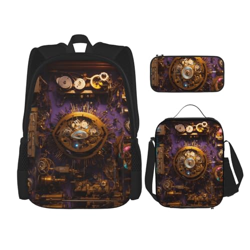 Gears Clock Bronze Century Print 3 Piece Backpack Set, Laptop Daypack, Lightweight Bookbag Set With Lunch Bag Pencil Case