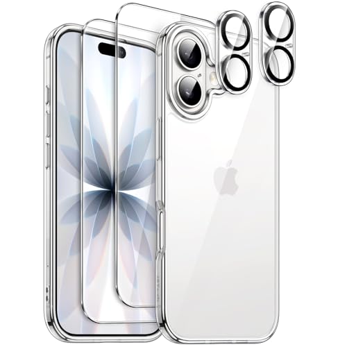 JETech 5 en 1 Funda para iPhone 17 6,3 Pulgadas con 2 Protectores Pantalla Cristal Vidrio Templado y 2 Protectores Lente Cámara, Carcasa Anti Amarillo Antigolpes (Transparente)
