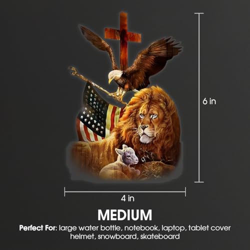 Image of Premium Lion Family Car Sticker with Jesus Cross & Eagle Holding American Flag - Durable & Waterproof Vinyl Decal for Car Window - Christian Gift for Jesus Believers - 6 x 4 Inches