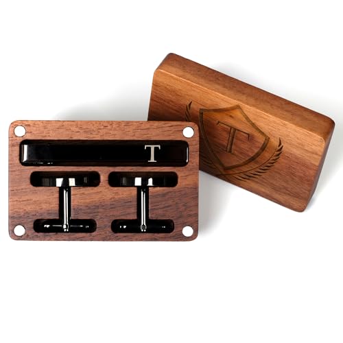 Image of Mens Initial Cufflinks and Tie Clip A-Z Alphabet Letter Black Stainless Cuff Links Tie Bar with Engraved Walnut Wood Box Groom Groomsman Wedding Set