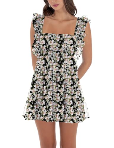 Image of Women's Summer Square Neck Tie Back Ruffle Sleeve Tiered Casual A-Line Short Mini Dress